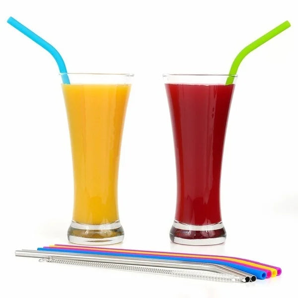 6Pcs/9Pcs/12Pcs/Set Reusable Silicone Straws + Stainless Steel Straws + Cleaner Brush + Bag for Tumblers Rumblers Cold Beverage