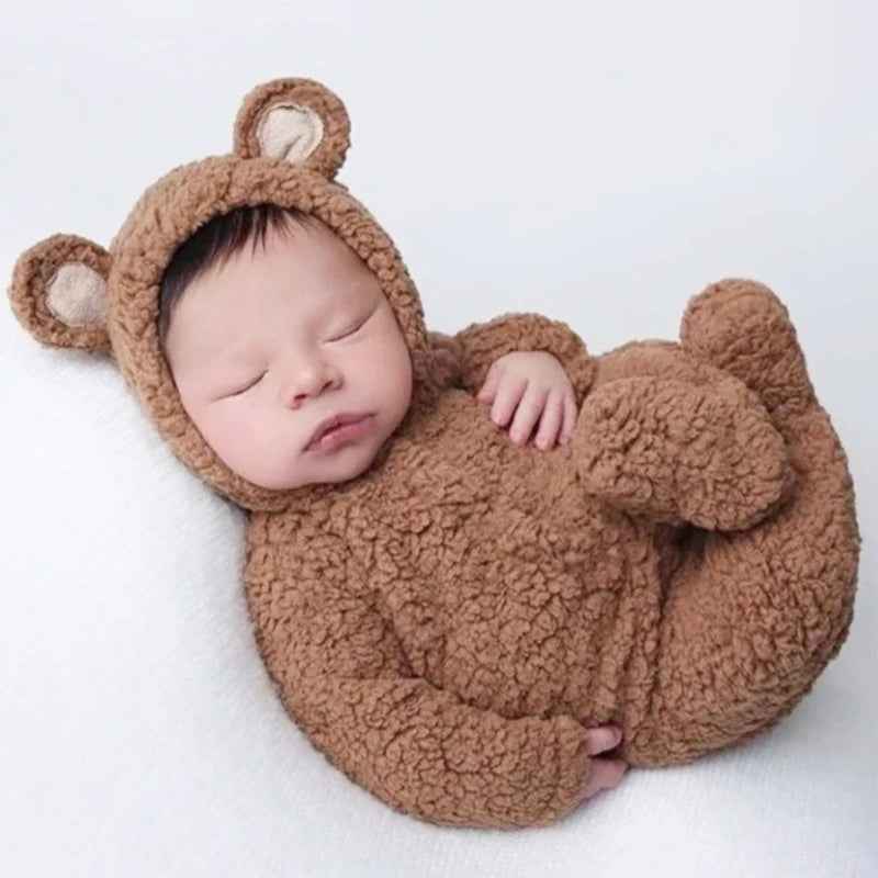 Cute Newborn Bear Bonnet and Pajama Set Infant Photo Prop Brown Plush Bear Ear Hat and Footie Romper Photoshoot Outfit