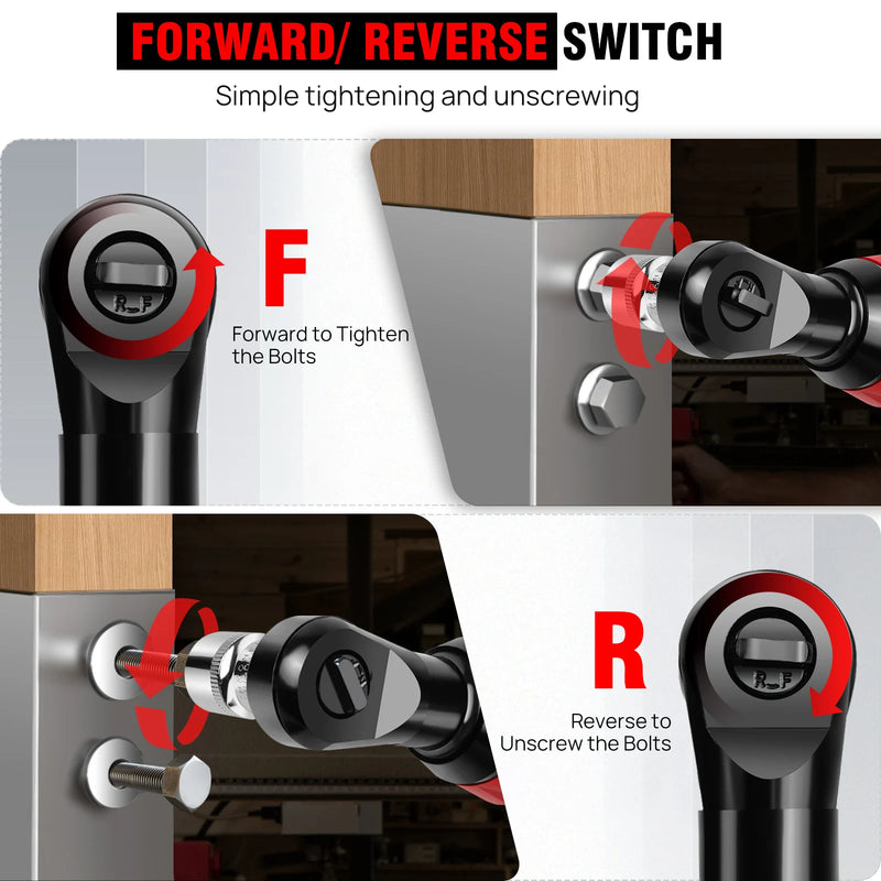 DayPlus 200NM 3/8" Cordless Electric Ratchet Wrench,90° Angle Wrench 12V Power Ratchet Tool with 2 Batteries & Charger+7 Sockets