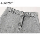 KADUWAKI Chic Able Faux Pearl Embellished Women's Short Denim Jacket 2-piece Set Retro Women's Elegant Zipper A-Line Mini Skirt