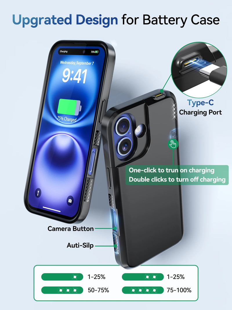 External 5000mAh Battery Case for iPhone 16 Charging Power Bank Cover Portable Rechargeable Charger Charging Case Battery