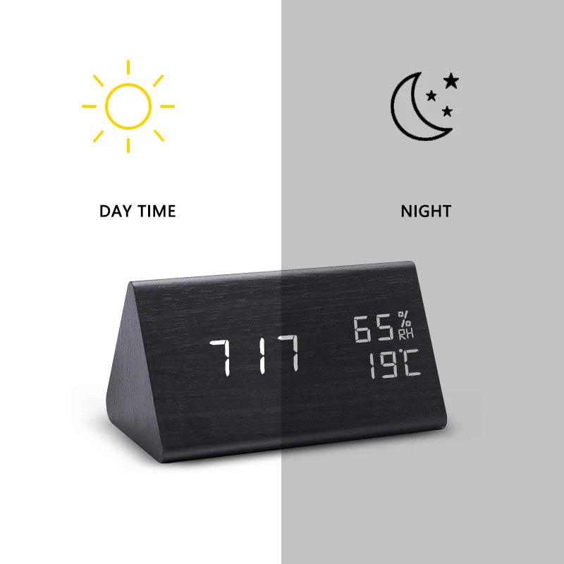 Voice Control Wooden Alarm Clock Smart LED Digital Clock for Bedside Table Decor Electronic Desk Clock with Temperature Humidity