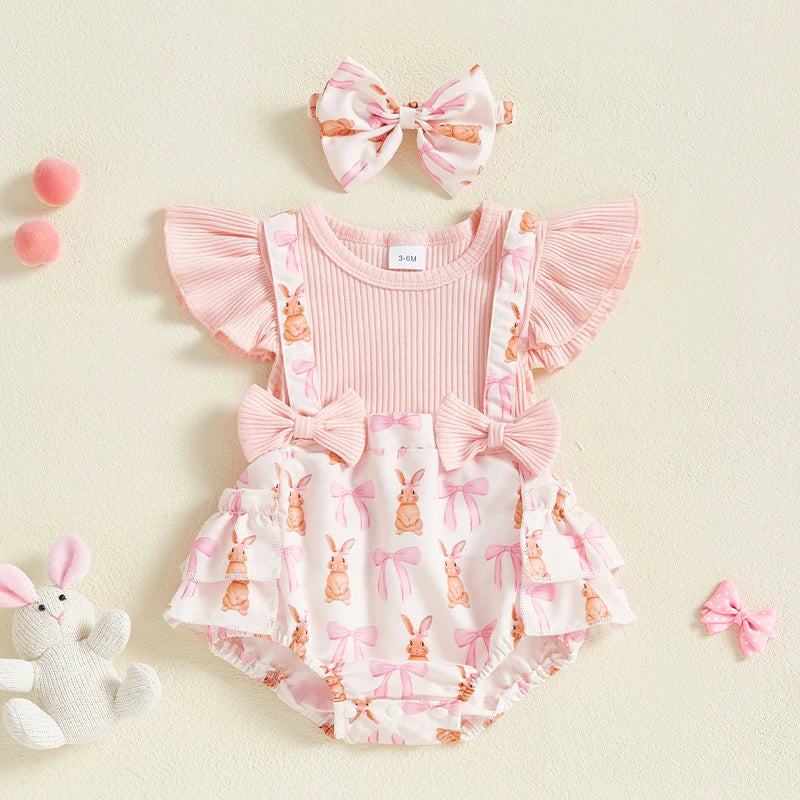 Adorable Toddler Easter Dress with Bunny Print Ruffled Sleeves Matching Headband and Bow Detail - 2 Piece Spring Ensemble