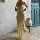 Vintage Crochet Backless Tie Up Long Dress Beach Boho Knitted Maxi Dresses Women Sleeveless Slim Split Dress Cocktail Club Party