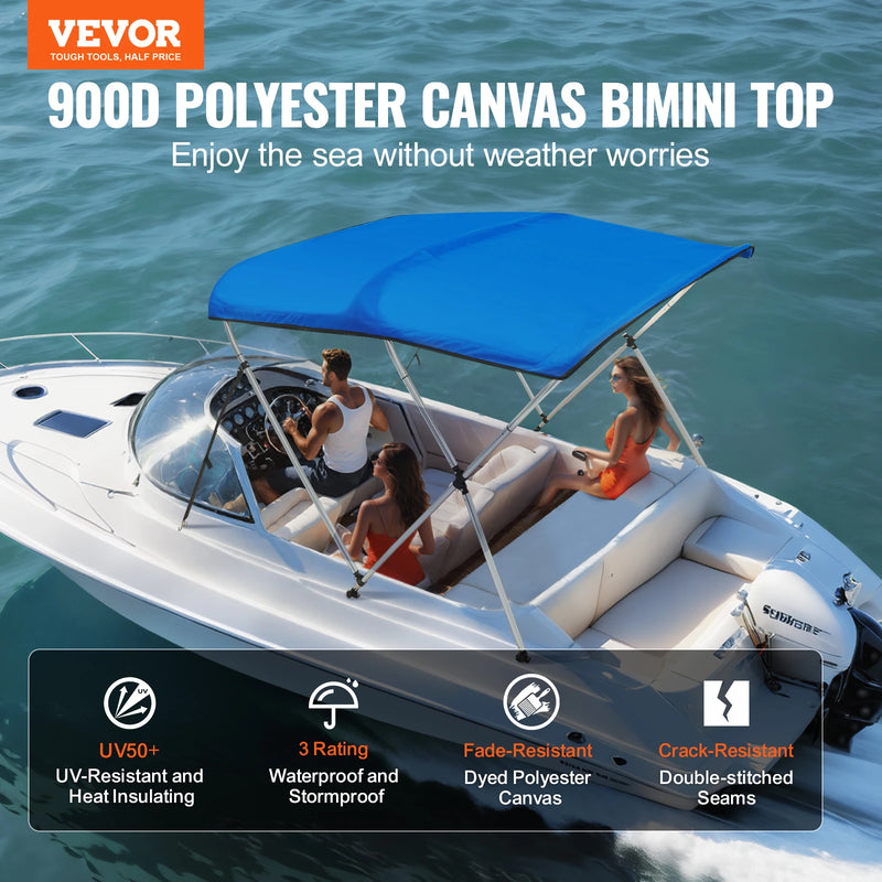 VEVOR 3 Bow Bimini Top Boat Cover900D Polyester Canopy with 1" Aluminum Alloy Frame Waterproof and Sun Shade, Includes Storage