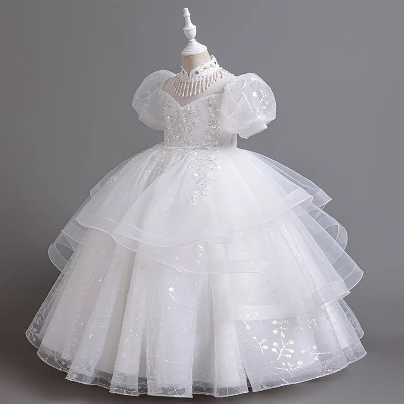 High-end Flower Girls Princess Sequins Wedding Christmas Party Dress Elegant Puff Sleeve Teenager Children Kids Gauze Vestidos