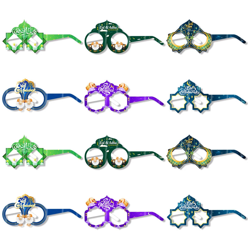 12/6pcs EID Mubarak Decoration Paper Glasses Frame Ramadan Islamic Muslim Photo Booth Props Kids Gift Eid Al Adha Party Supplies