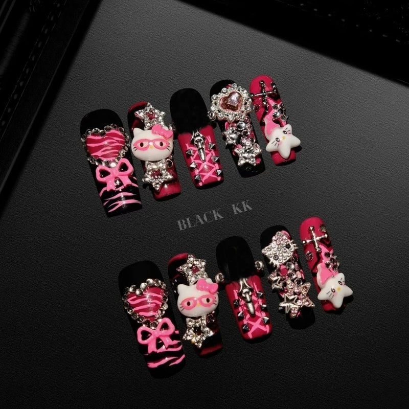 10Pcs Y2K Spicy Girl Long Coffin Handmade Press On Nails 3D Sanrio Hello Kitty Bear Pearl Diamond Pentagram Wearable False Nail
