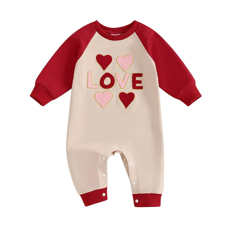 Valentine s Day Heart Print Long Sleeve Romper Jumpsuit for Infants Toddler Boys Girls Full Length Sweatshirt Bodysuit