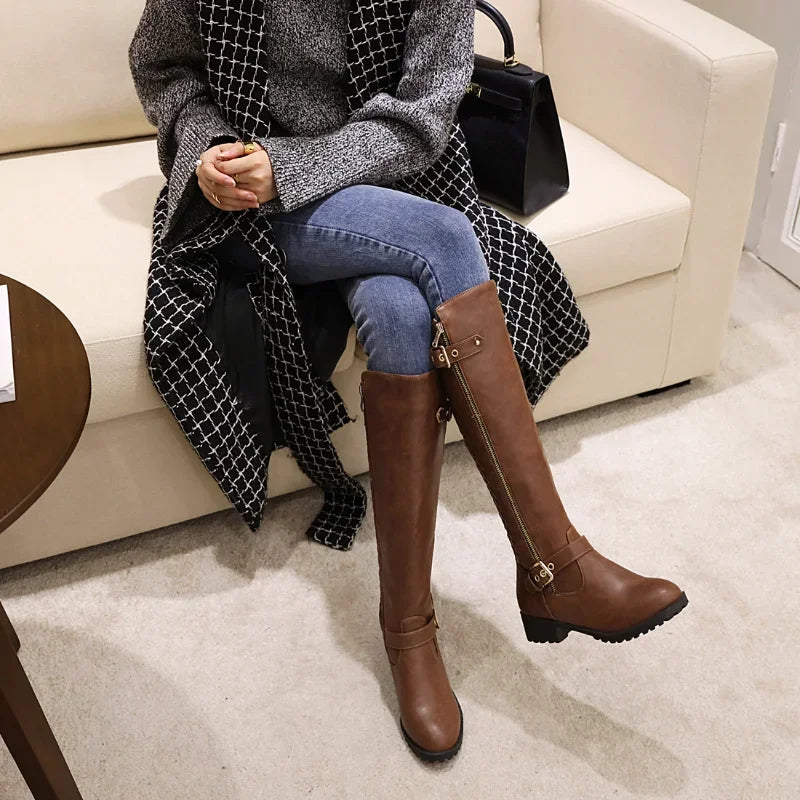 2023 New Antumn Winter Women Long Boots Plus Size 22-27 Cm Grid Splicing Side Zip Fashion Knee High Boots Women Modern Boots