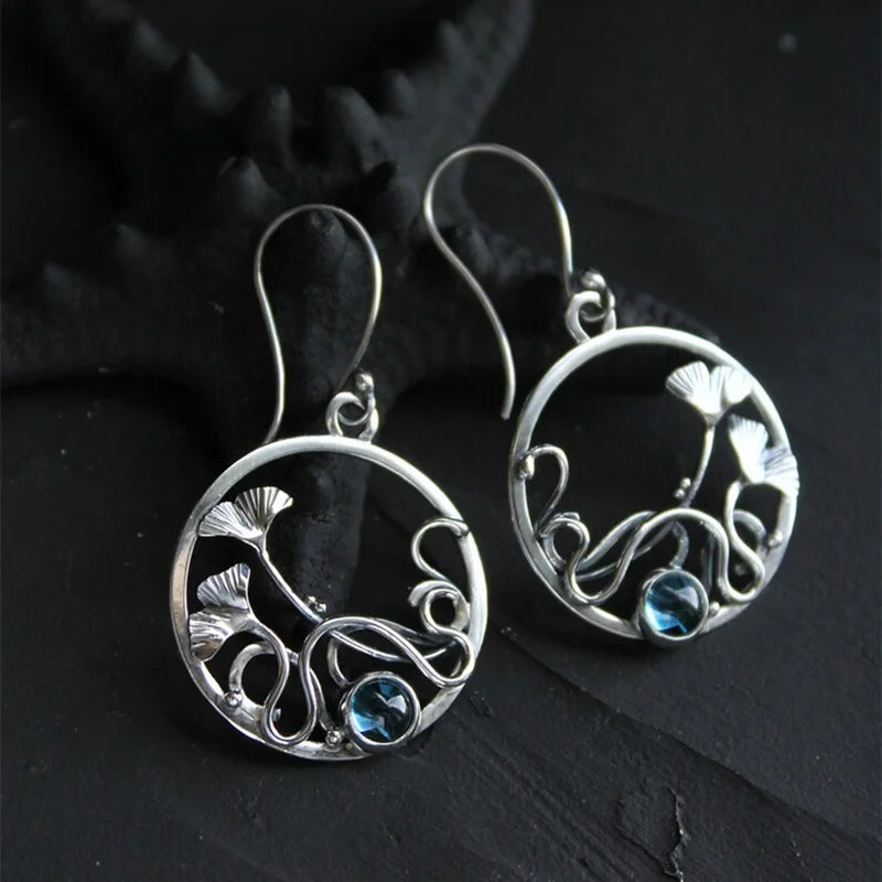 Vintage Silver Color Flower Earrings Ethnic Metal Round Carved Plant Blossom Plant Inlaid Stone Dangle Hook Earrings for Women