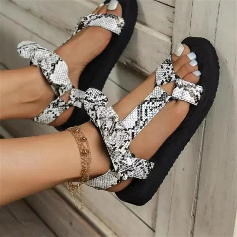 New Summer Women Sandals Color Flat Casual Lace Up Bow Shoes for Ladies  Fashion 2023 Outdoor Leopard Beach Mujer