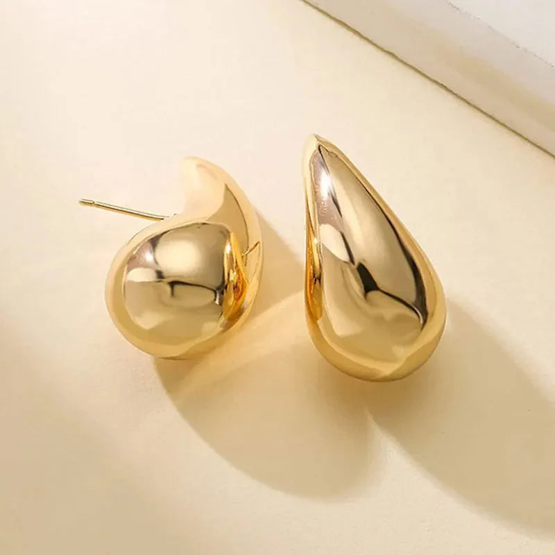 925 Sterling Silver 18K Gold Plated Chunky Dome Water Drop Earring for Women Vintage Glossy Thick Teardrop Hoop Earrings Jewelry