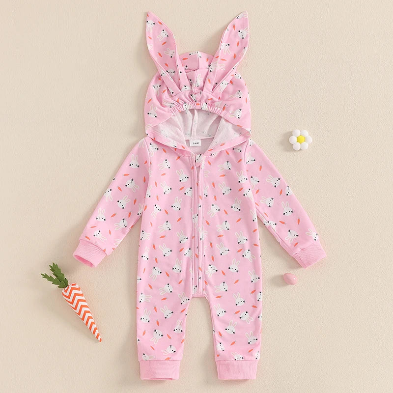 Adorable Toddler Easter  with Cute Bunny Ear Hood and Easter Egg Print - Long Sleeve Baby Romper for Spring Festivities