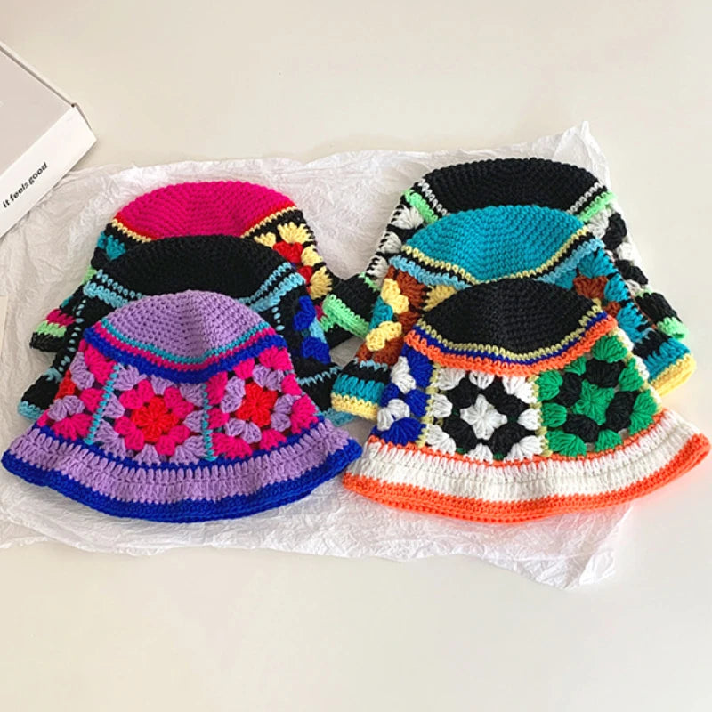 Retro Versatile Japanese Dopamine Rainbow Knitted Bucket Hats for Women Spring and Autumn Travel Fashion Casual Basin Cap