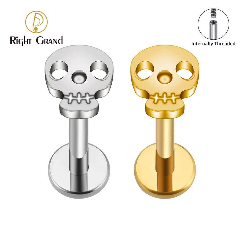 Right Grand ASTM F136 Titanium 16G Punk Hollow Skull Tragus Stud Earring Cartilage Helix Lip Ring Halloween Piercing Jewelry