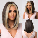 JONRENAU Middle Long Straight Hair with Bangs Ombre Brown to Blonde Wig Dark Roots Synthetic Wigs for Women Heat Resistance Hair