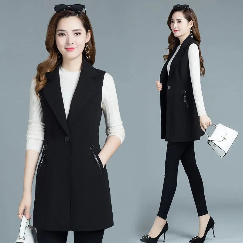 2024 New Spring Autumn Coat Casual Long Blazer Vest Women Sleeveless Jacket Elegant Office Lady Waistcoat Female Outwear M-4XL