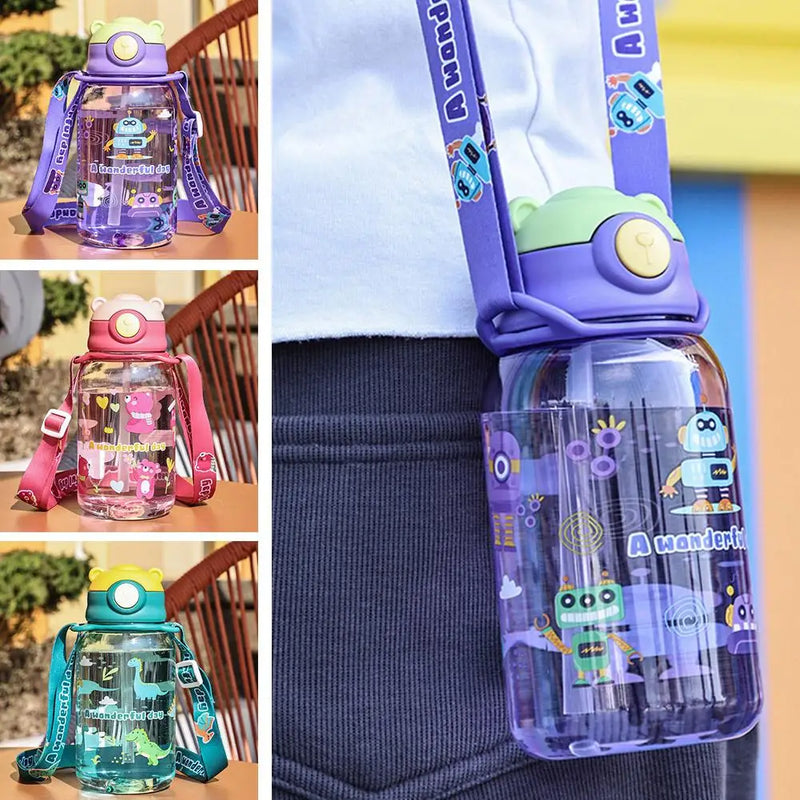 650ml Cute Kids Water Bottle Cartoon Plastic Mug With Leakproof Portable Cups Water Straw Children's Outdoor Bottle School C2A7