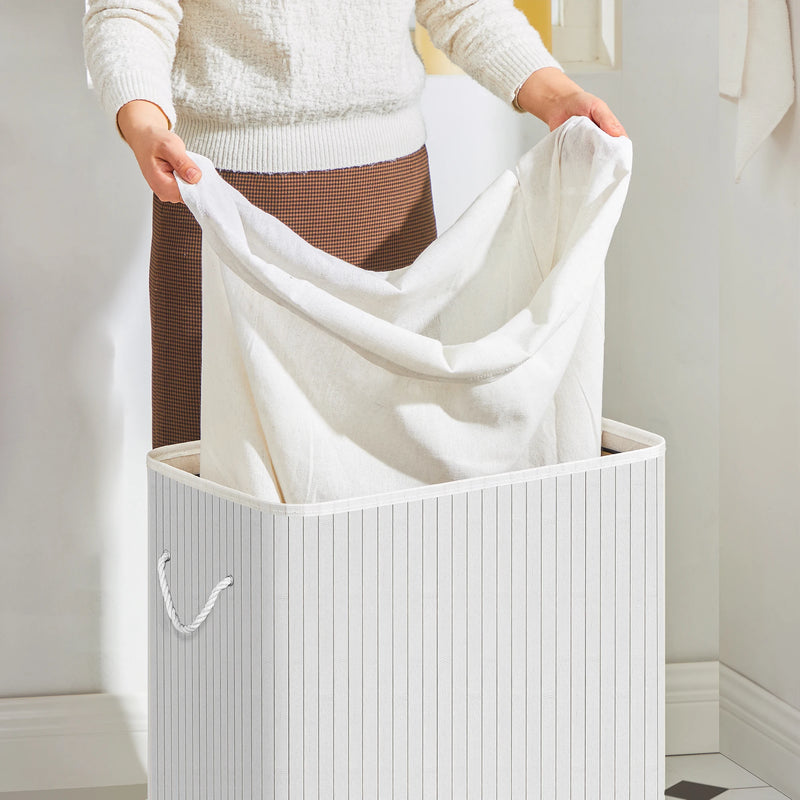 SONGMICS - Laundry Basket with Lid - Bamboo Laundry Basket with 2 Sorting Compartments, Removable Bag, Cotton Handles
