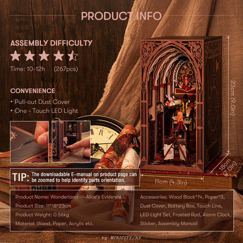 𝗠𝗶𝗻𝗶𝗖𝗶𝘁𝘆 Book Nook Kit, DIY Miniature Dollhouse Booknook Kit, 3D Wooden Puzzle Bookend Bookshelf Insert Decor with LED L