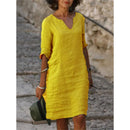 Cotton Linen Dress 3 Quarter Vintage Casual V Neck Loose Waist Midi Beach Dress Women Clothing Green Blue Yellow Robe