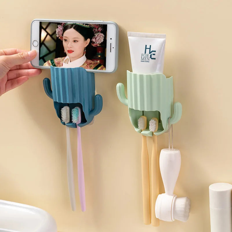 Wall Self-adhesive Storage Rack Toothpaste Holder Cactus Hook Drain Bathroom Shelf Wall-mounted Electric Toothbrush Organizer