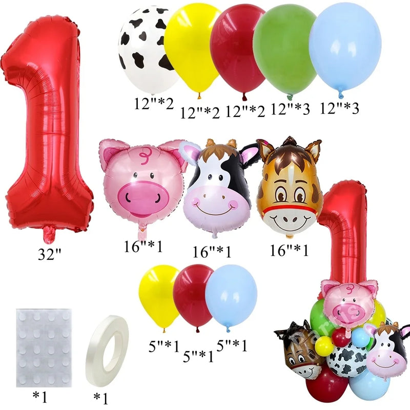 Farm Animal Balloon Tower with Digital Baloon Carton Cow/Pig/Sheep Balloons Kids Farm Animals Happy Birthday Party Decoration