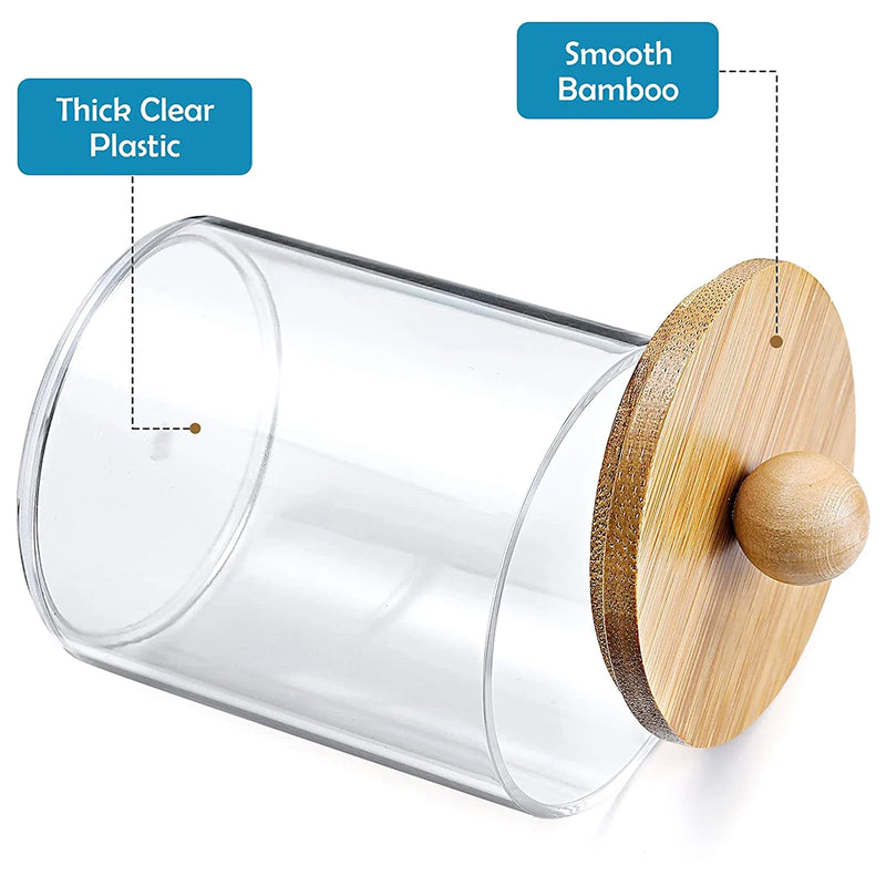 3Pcs Qtip Holder Dispenser with Bamboo Lids Clear Acrylic Bathroom Jars with Tray Cotton Swab Storage Dispenser Reusable