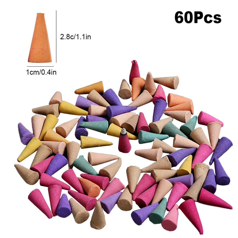 60Pcs Scented Incense Cones Colorful Fragrance Incense Cones Anxiety Relief Natural Scents Cones for Yoga Aromatherapy