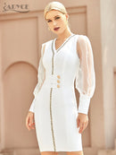 Adyce 2022 New Winter Women White Lace Bodycon Bandage Dress Sexy V Neck Long Sleeve Button Evening Celebrity Club Party Dresses