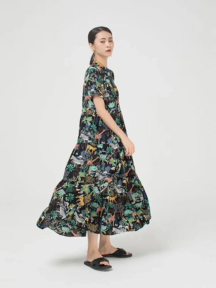 XITAO Cartoon Print Pattern Dress Women 2020 Summer Casual Fashion New Style Temperament  Stand Collar Short Sleeve Dress ZP1346