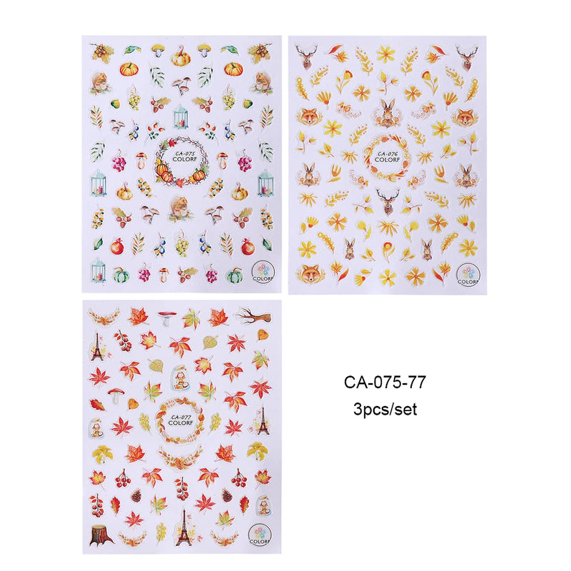 3/4/7pcs 3D Autumn Winter Nail Art Stickers Pumpkin Maple Leaves Squirrel Rabbit Flowers Decal For Thanksgiving Day Manicure DIY