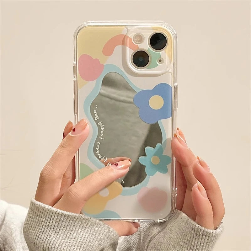 Cartoon Flower Mirror Make Up Case for iPhone 15 14 13 Pro Max 12 11 Camera Protection Shockproof Soft Cover for iPhone 15Pro