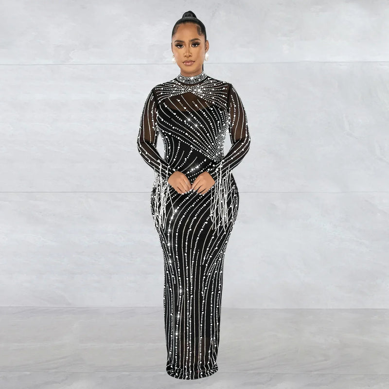 CM.YAYA Women Mesh Tassel Long Sleeve Diamonds Hot Rhinestones Bodycon Midi Maxi Long Dress and Tank Inner Dresses 2piece Suit