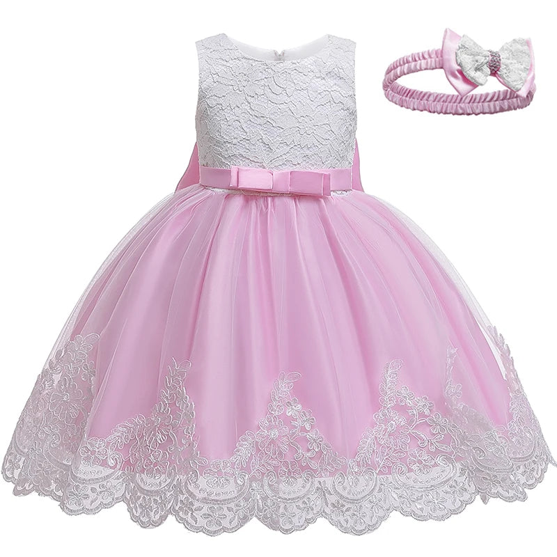 Flower Girl Dress For Wedding 3-12 Years Lace Tulle Bow Elegant Child's Birthday Party Dress