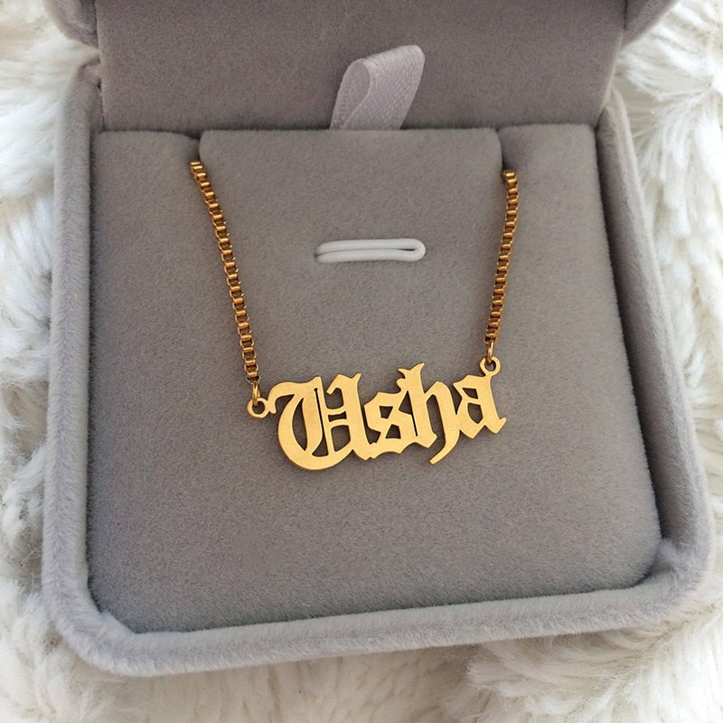 Free Box Cuban Chain Custom Old English Name Necklace Stainless Steel Vintage Letters Pendant Necklace Anniversary Gifts