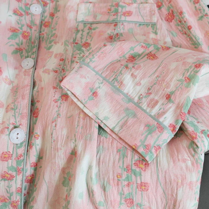 Flower Print Women Autumn Two Piece Pajama Set Long Sleeve V Neck Top & Elastic Waist Pants 2 Pieces Female Sleepwear Nightwear