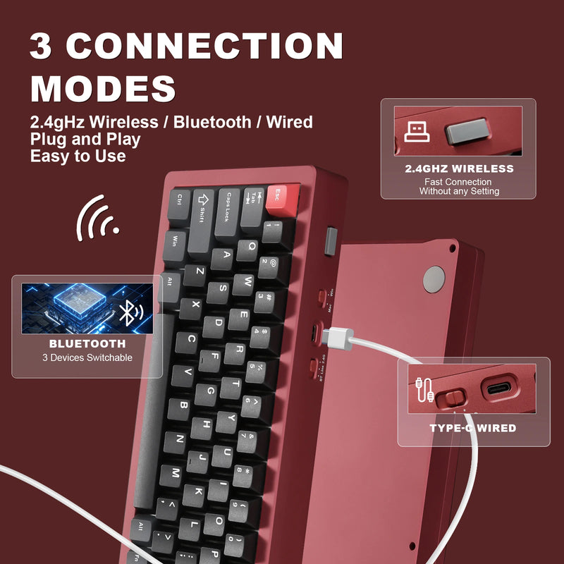 YUNZII AL71 Red 68% 71 Key Full CNC Aluminum Hot Swappable Gasket 2.4GHz Wireless BT5.0/USB-C Wired Mechanical Gaming Keyboard