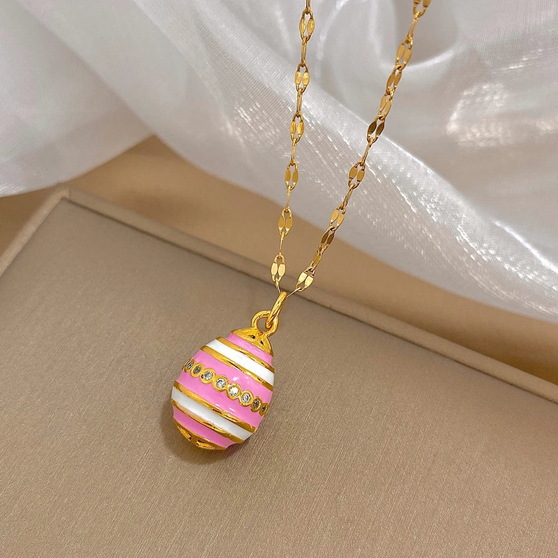 Greatera Colorful Enamel Easter Egg Pendant Necklaces for Women Guilloche Locket Egg Gold Plated Chain Necklaces Party Jewelry
