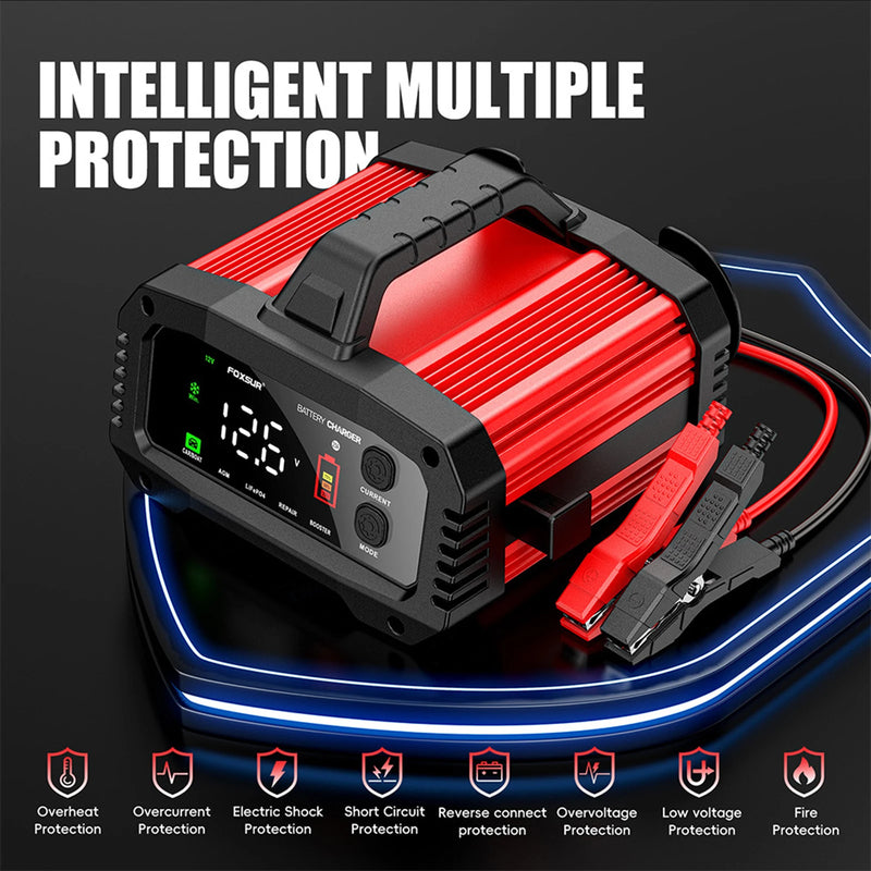 Portable Smart Car Battery Charger 12V/25A with BOOSTER Function Optional Charging Current for Lead Acid Lithium iron Battery