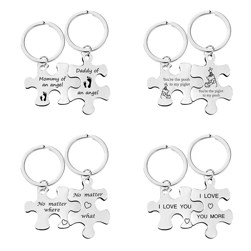 2Pcs/Set Letters Engraved Stainless Steel Keychains Couples Key Ring Puzzle Pendant Jewelry Gift For Valentine's Day