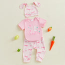 Adorable Baby Girls Easter Bunny Outfit Set with Romper Pants and Hat - Short Sleeve with Bow Pattern - 3 Pieces