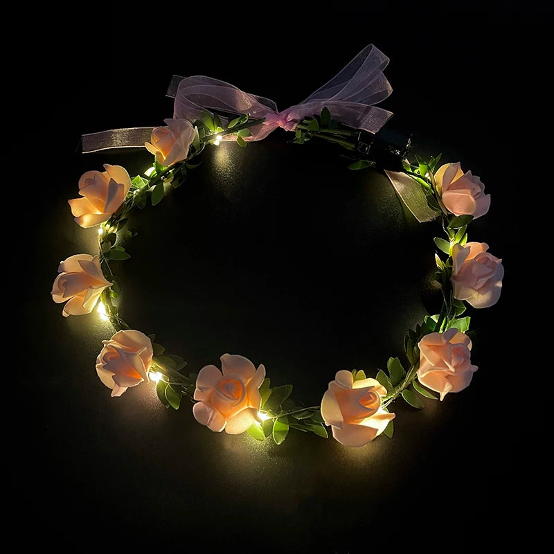 Wedding Party Crown Flower Headband LED Light Wreath Garland Decoration Women Girl Birthday Favor Luminous Hair Garland Hairband