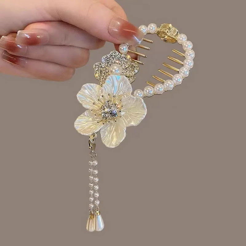 Flower Tassel Hair Clip Women Ladies Butterfly Rhinestone Pearl Metal Hair Claw Round Bun Ponytail Holder Hair Accessories