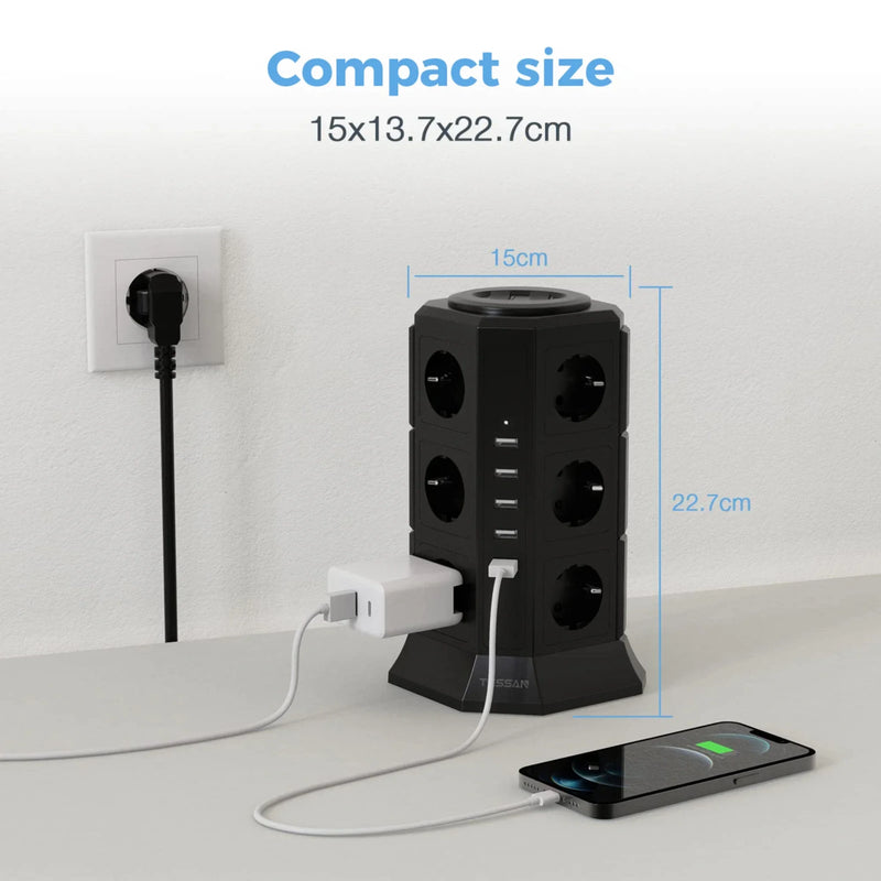 TESSAN Power Strip Vertical Tower Socket 12 Outlets 5 USB Ports EU Plug Multiple Socket with 2M Extension Cord Surge Protection