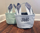 Personalized Seersucker Easter Basket with Gingham Floppy Bunny Ears, Embroidered Canvas Seersucker Easter Baskets for Kids Gift