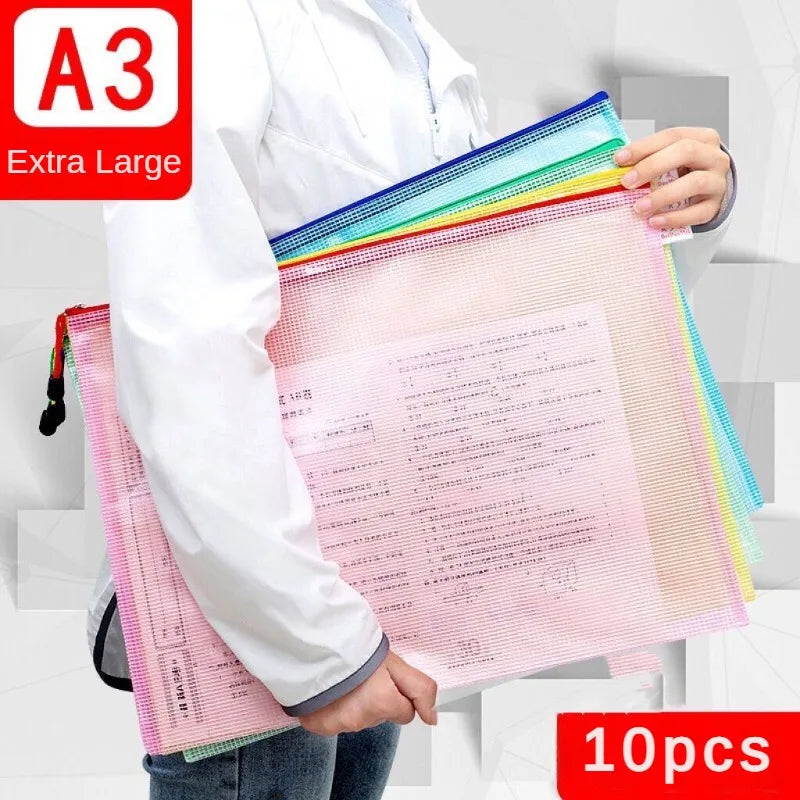 Thickened A3 File Bag Large Capacity Student Supplies Transparent Mesh Zipper Bag  Office Book File Test Paper Archive Bag