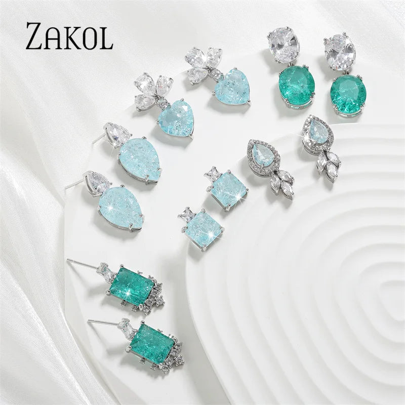 ZAKOL Blue Pink Rectangle Cubic Zirconia Drop Earrings for Women Girls Fashion Jackpot Wedding Accessories EP1196