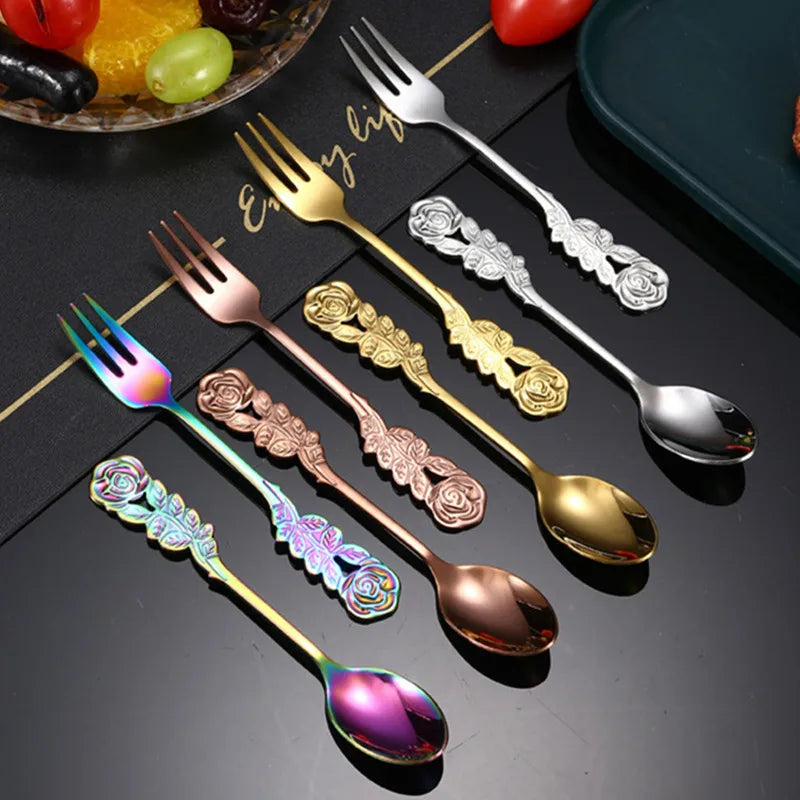 304 Stainless Steel Teaspoon with Rose Flower Handle Mini Tea Coffee Dessert Ice Cream Stirring Spoon Fork Kitchen Utensils